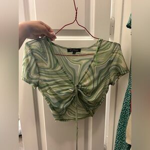 Urban Outfitters Green Swirl Ruched Tie-Front Crop Top